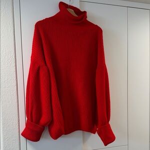 Topshop Red Ribbed Balloon-Sleeve Turtleneck Sweater